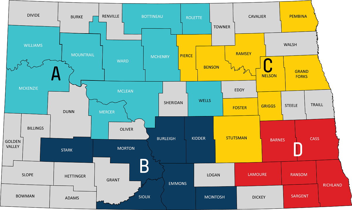 North Dakota county map of service locations